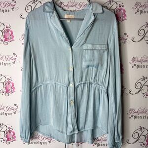 LOVE by GAP Blue Long Sleeve Peplum Blouse with Notched Collar medium shiny